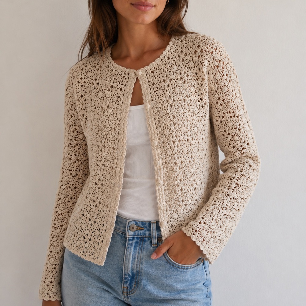 Crochet Cardigan Boho Cotton Knit Beige Button Front Sweater Size M Handmade